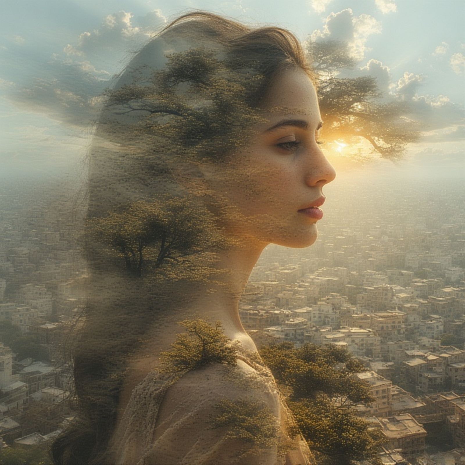 A woman's form dissolves into a sprawling, rustic cityscape ...