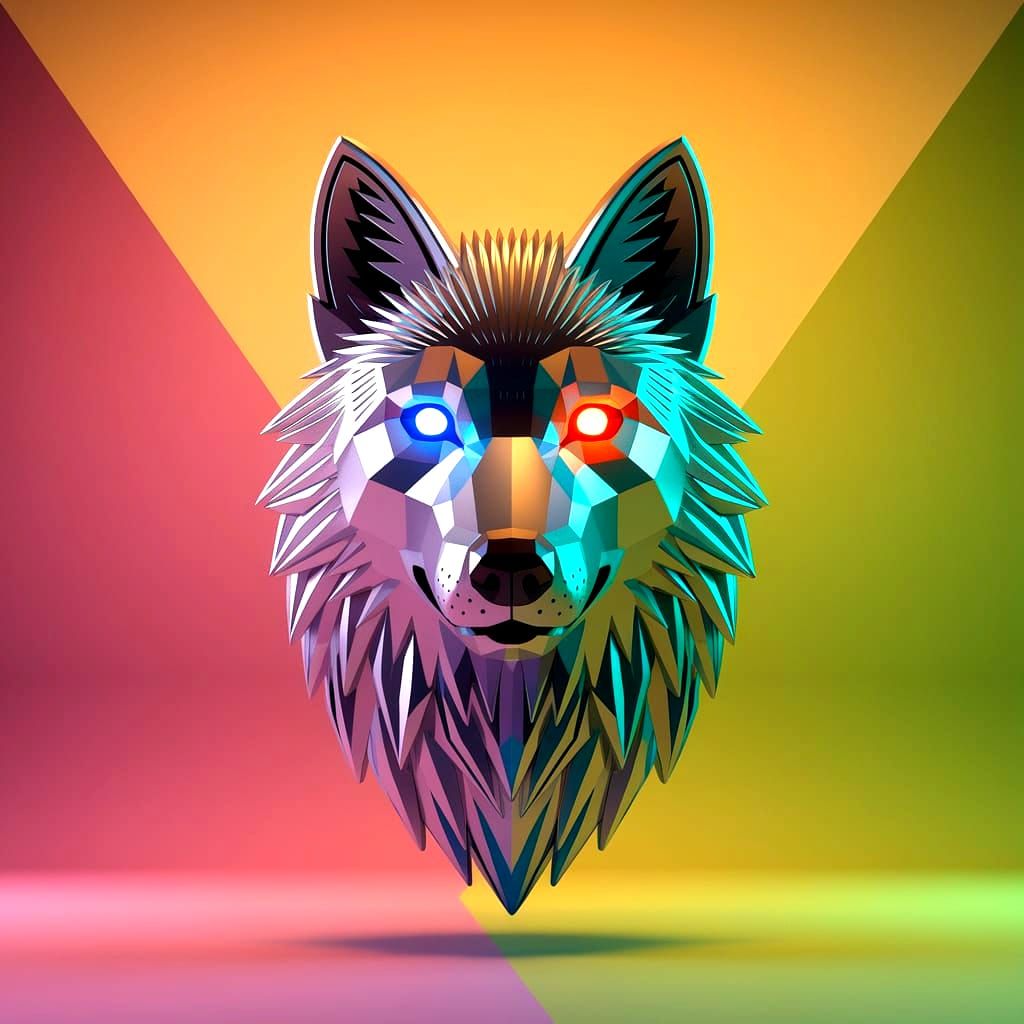 The Cyberpunk Wolf Dreams. Facing the viewer. Only the Wolf's head is visible, floating in the middle of the background. Poster design aesth...