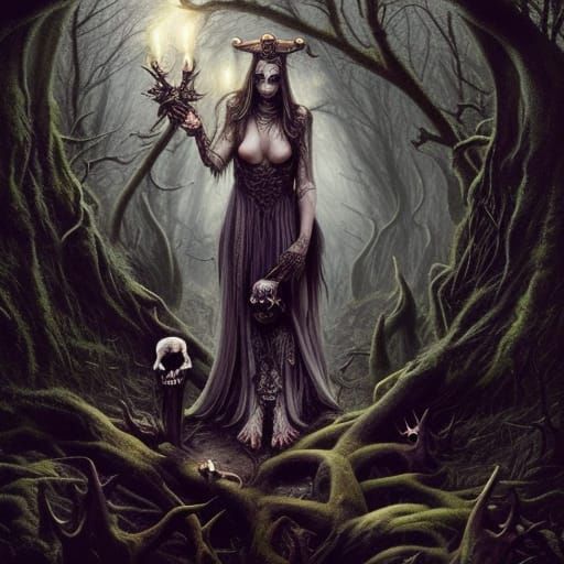 Cute intricate Sorceress witch with scull in abandoned hount...