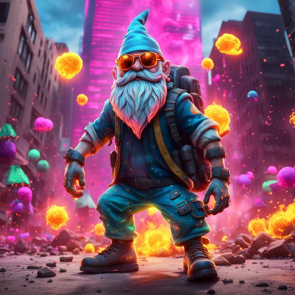 Neon gnome with sunglasses on, explosions in background, con...