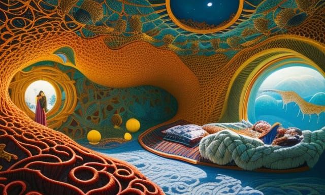 woman in Surreal artisanal bed made entirely of Sun and Moon...