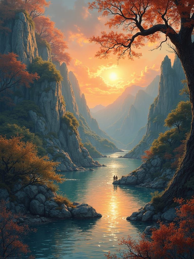 Surreal Scene: Woman in Red Coat Amidst Handprints