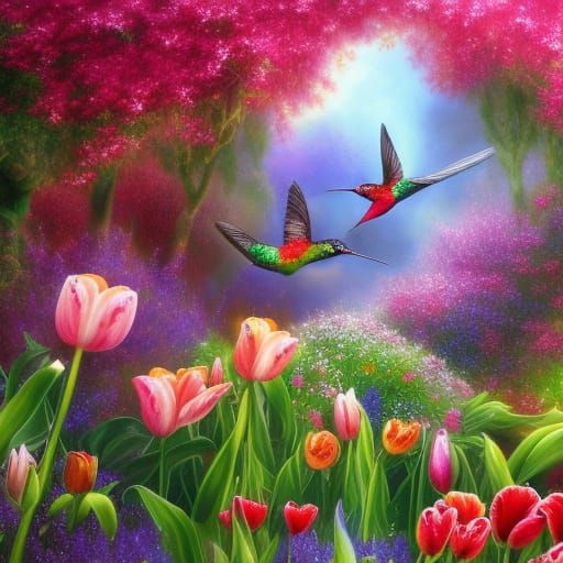 9 hummingbirds drinking nectar from garden of flowers, magical