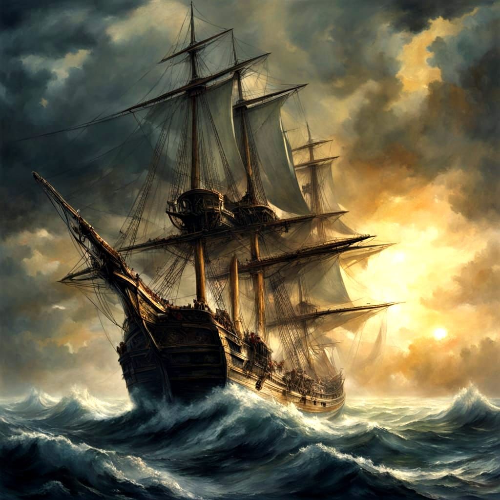 A majestic, towering galleon battles fierce waves under a thunderous sky.  by @Suz