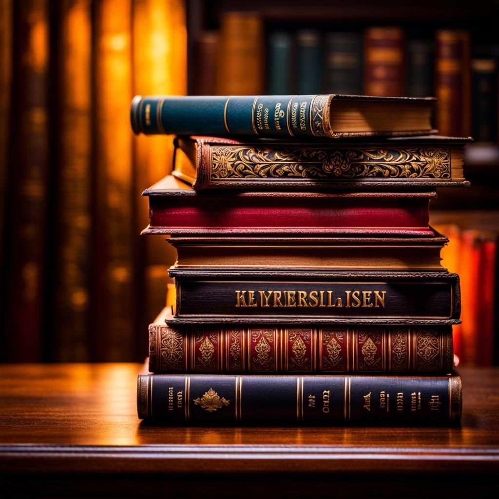 Old books stacked on an old desk.