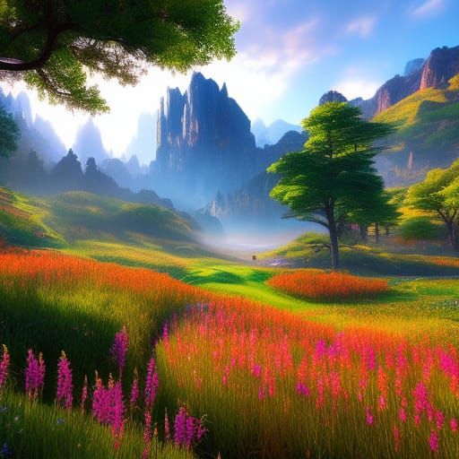 Flower meadow at the foot of the mountains