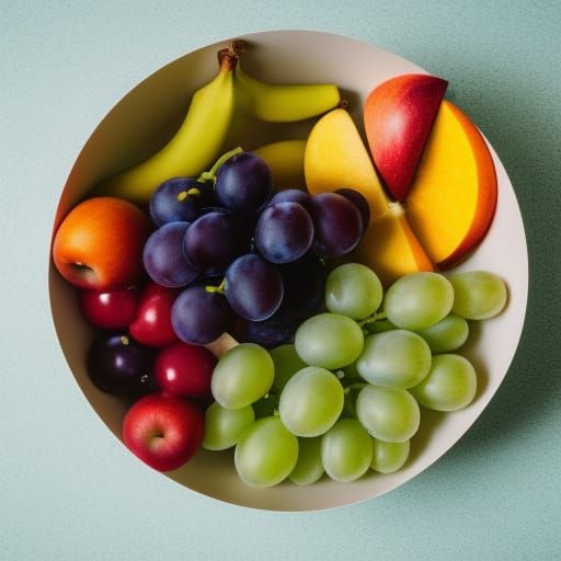 A bowl of fruit. Apples. Oranges. Bananas. Grapes.