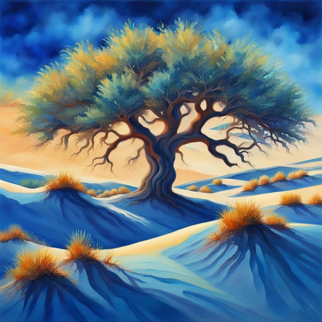 tree of life in a blue sand dunes desert in Gouache Style, W...