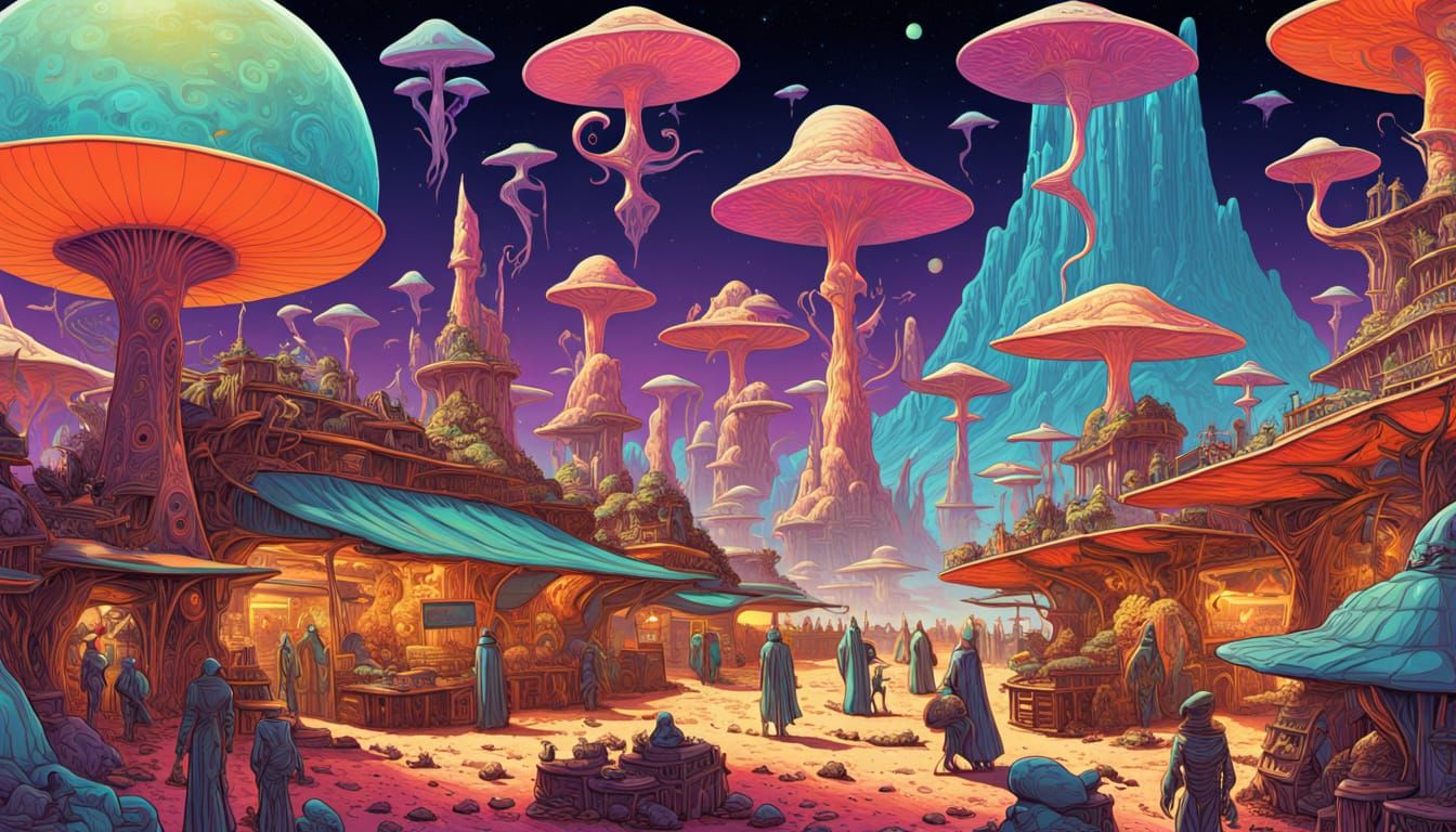 A vibrant, bustling marketplace on a gas giant's moon, filled with bizarre alien merchants and exotic goods. Luminescent fungi provide light...