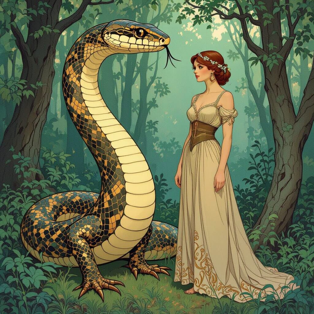 Surreal Forest Scene: Woman, Snake, and Trees