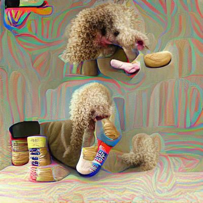 Poodle with sock eating peanut butter