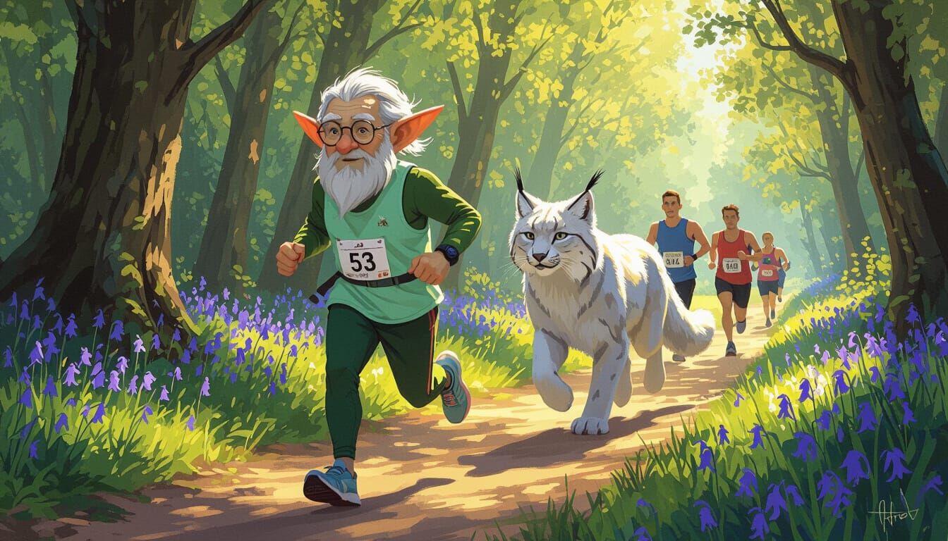 a small older green elf runs with his Lynx