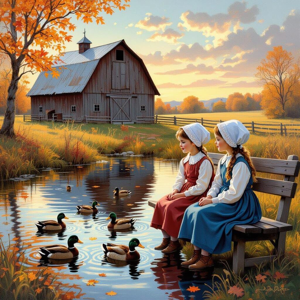 a pond with ducks swimming with a barn in the background in fall. 2 Mennonite girls sitting on a bench watching the ducks