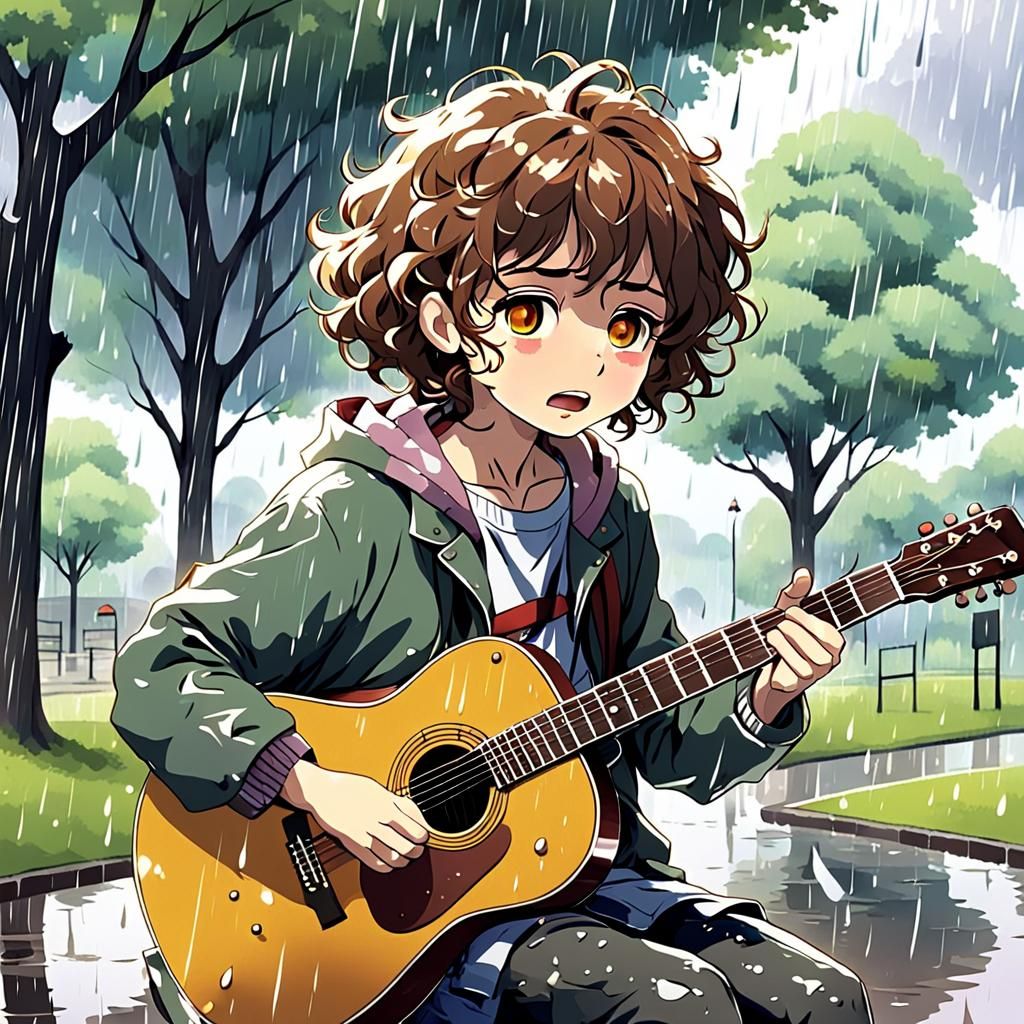 Anime Woman Singing Guitar in Rainy Park