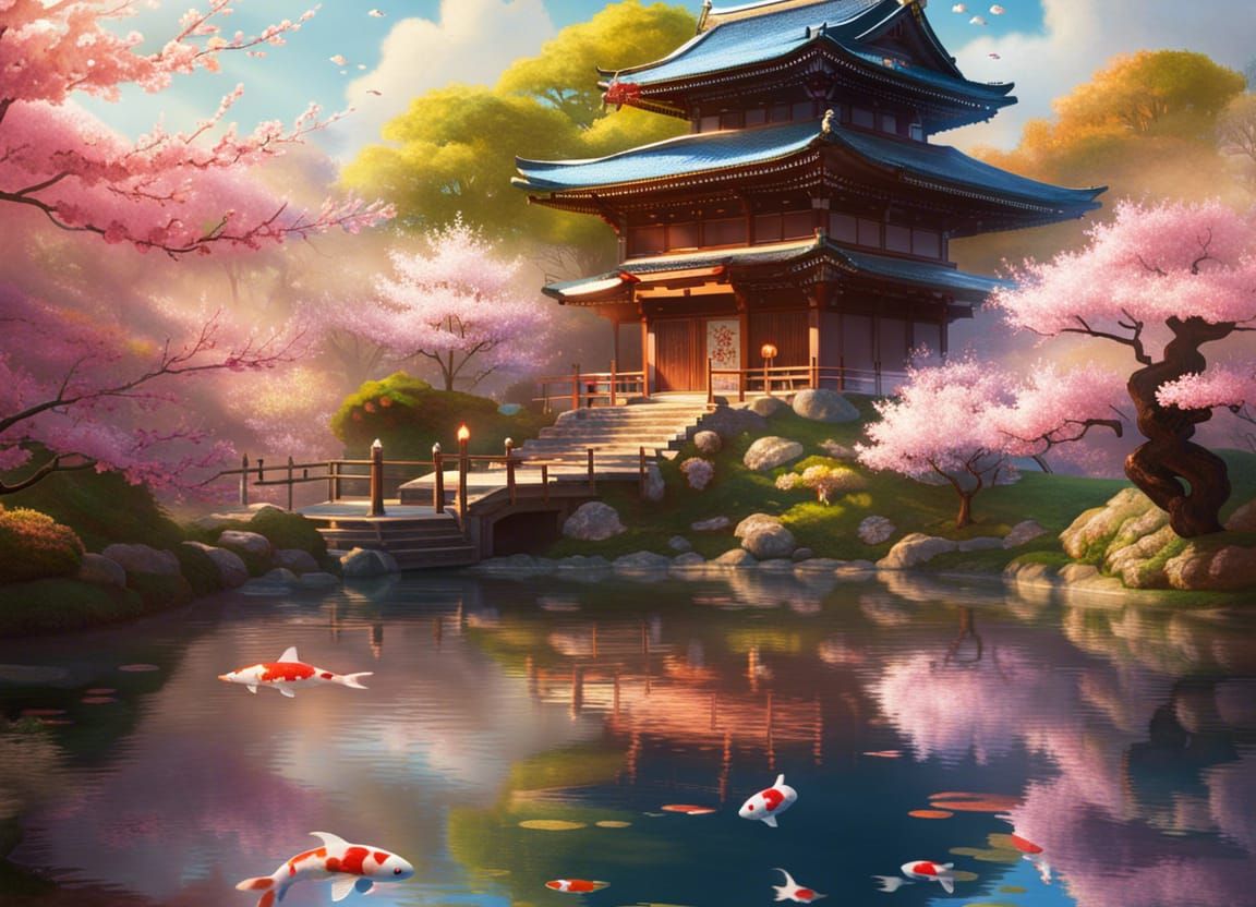 a beautiful picture of sakura blooming in the shrine, closeup of pond ...