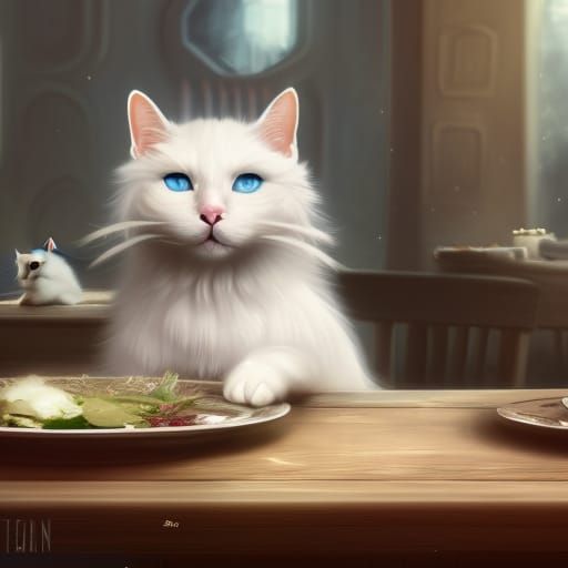 White Cat At Table Meme. - Ai Generated Artwork - Nightcafe Creator