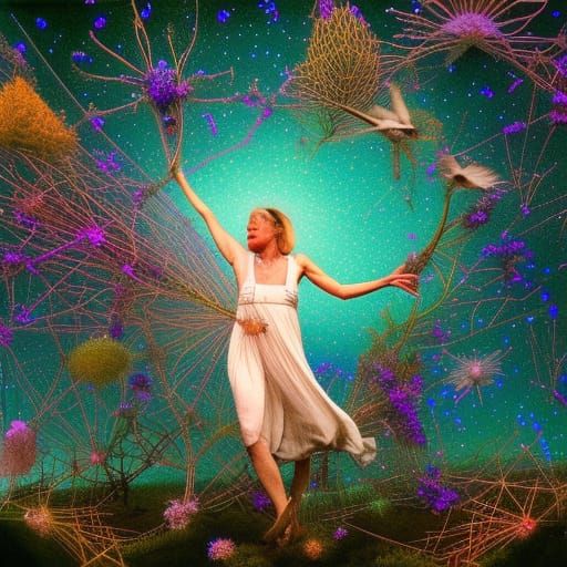 a woman dancing alone with birds in stargazing platform in f...