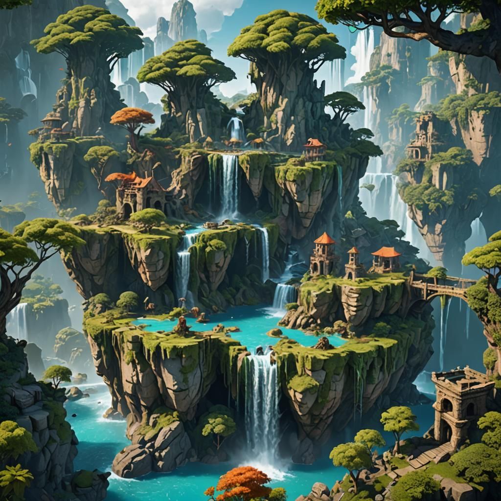 Floating Island Waterfalls in Detailed Matte Painting