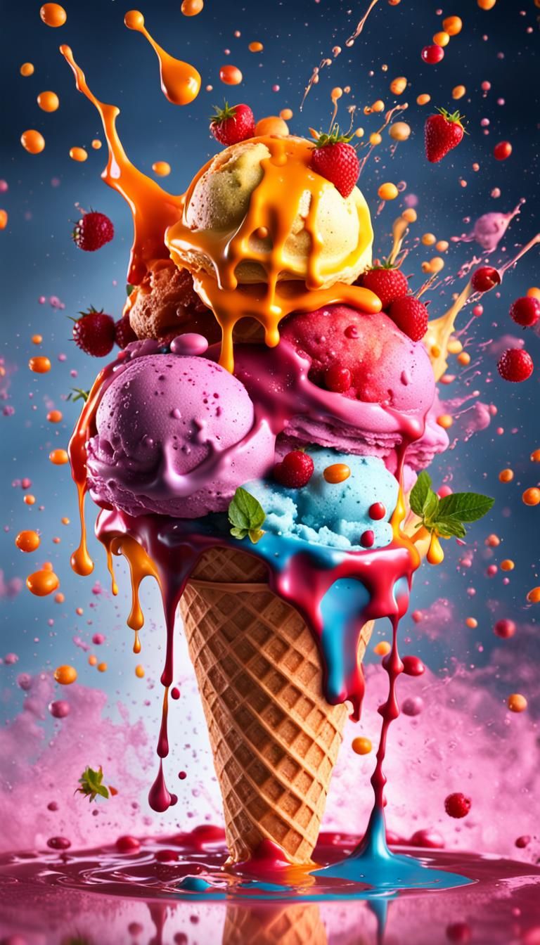 a ice cream, made of liquid ral-fruitsalad splashes, merging, melting ...