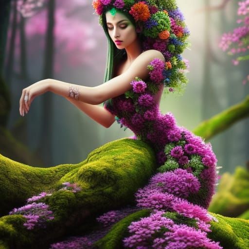A woman made from moss and flowers