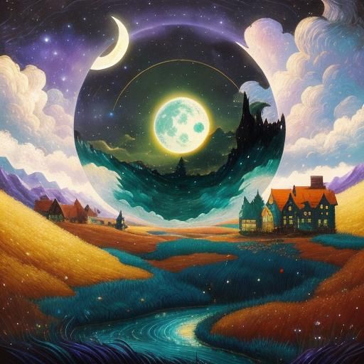 Fantasy dreams, magic, ink, acrylic, double exposure, mythol...