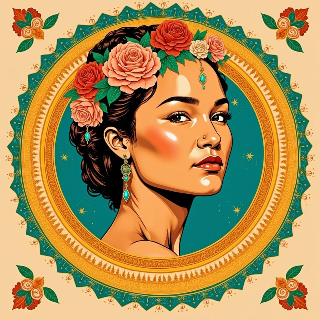 <lora:Native Woman:1.0> Portrait of a woman in peach apricot robin's egg blue and apple green and tan with gold filigree Halo