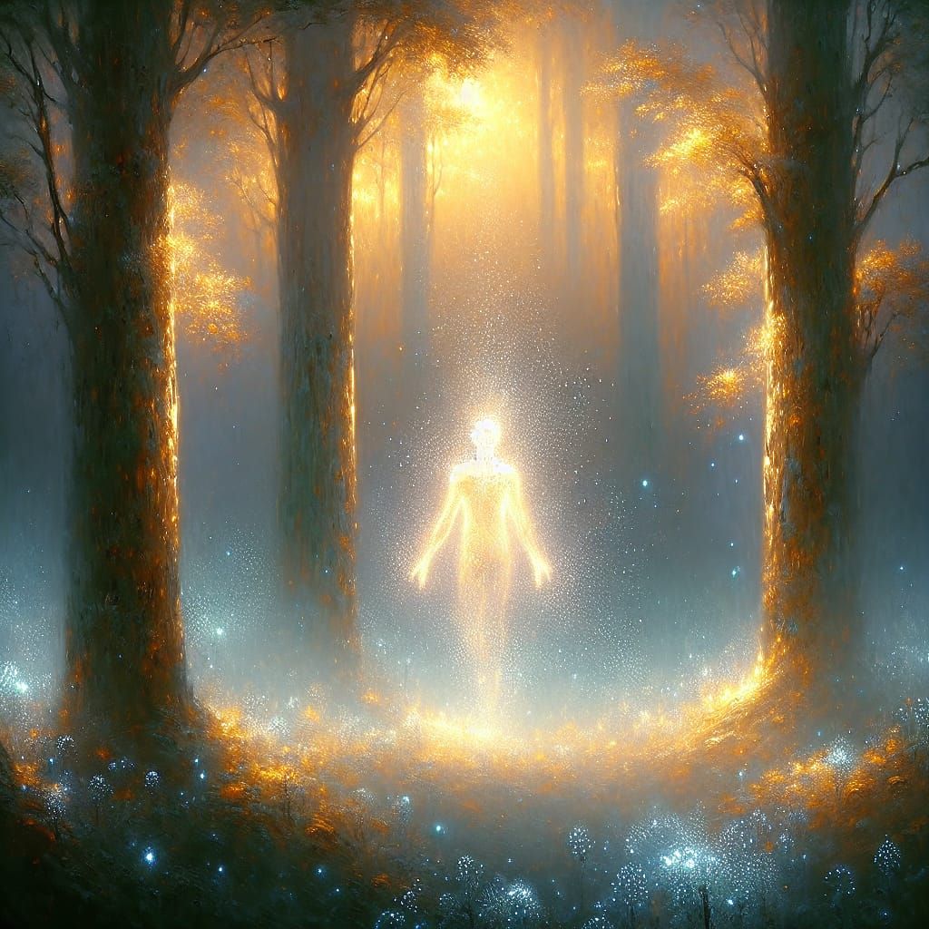 Surreal Oil Painting of a Glowing Figure in a Misty Forest