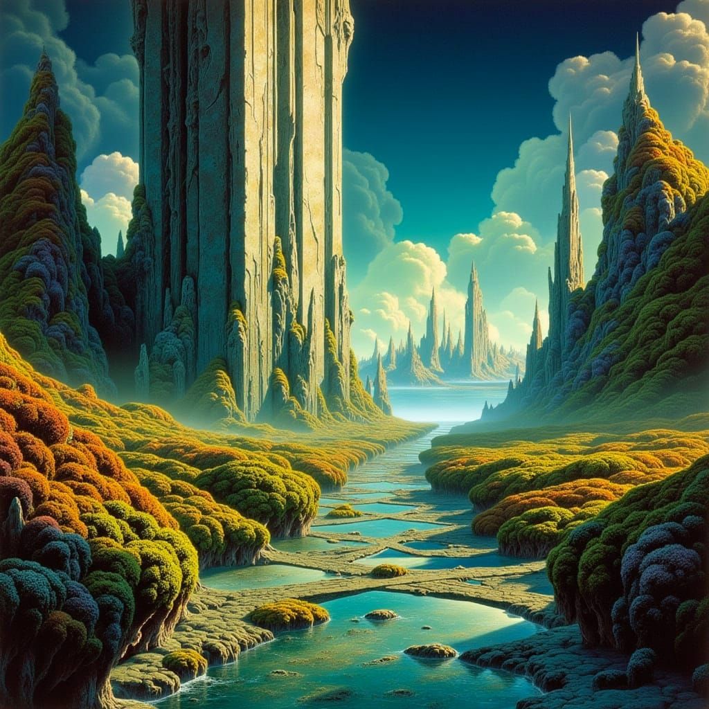 Glowing Crystal City Amidst Architectural Ruins