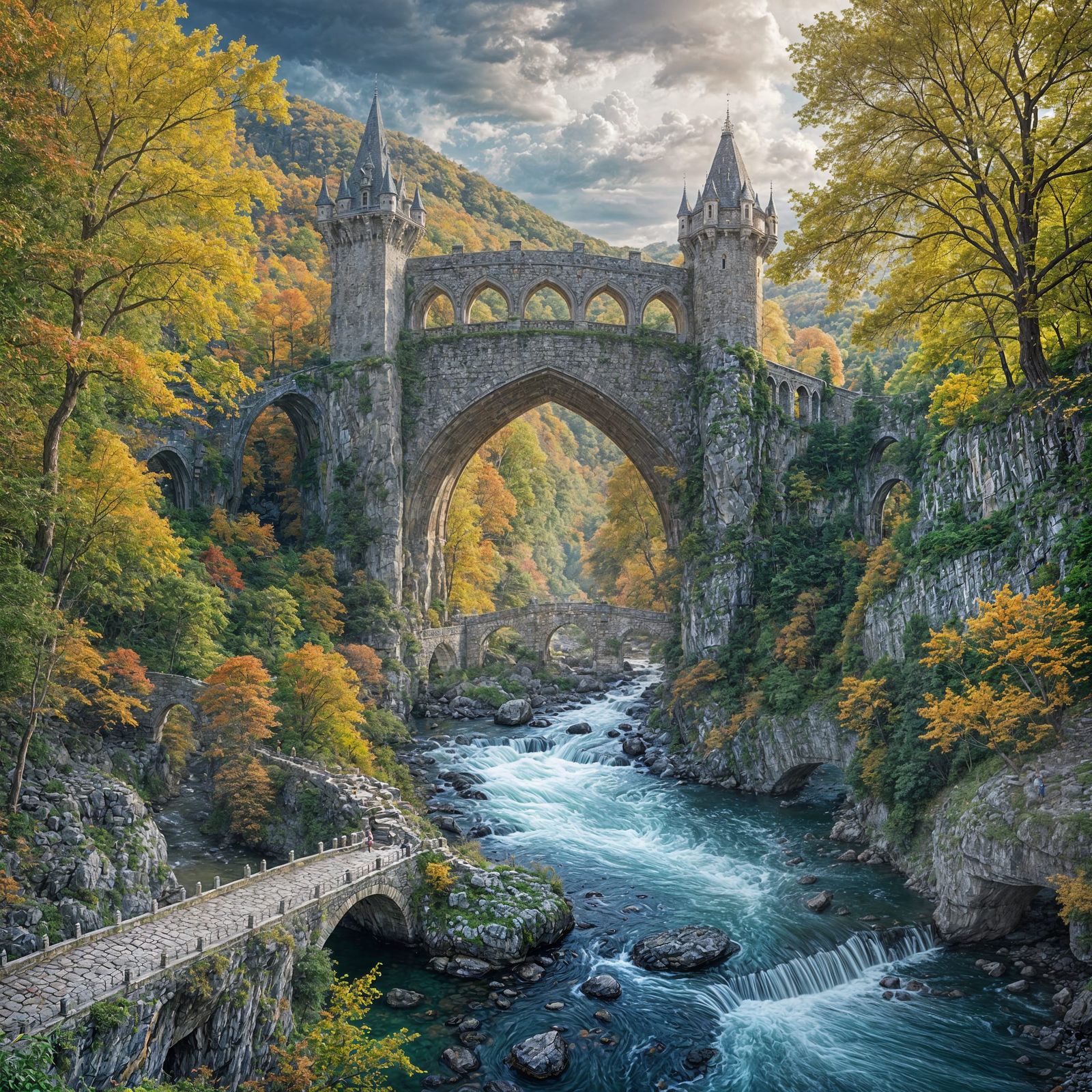 Fantasy Castles Connected by Stone Bridge at Sunset