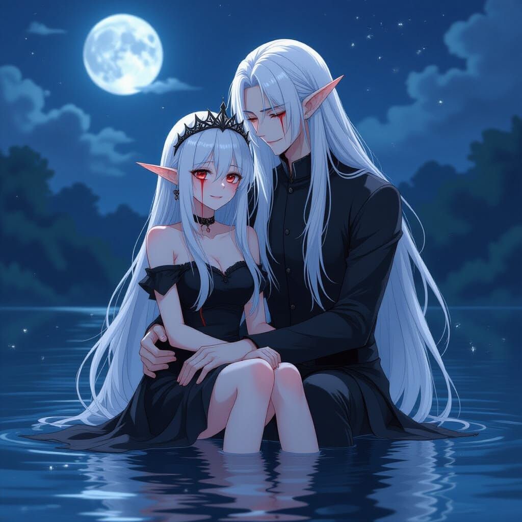 Anime Girl with Elf in Moonlit Lake