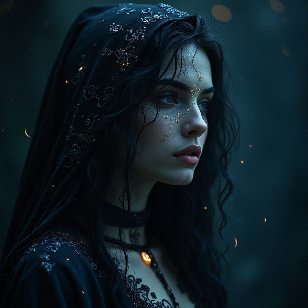 Mystical Woman Emits Soft Glowing Energy in Dark Velvety Bac...