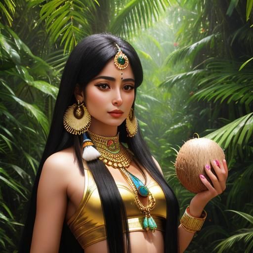 hyperrealistic beautiful egpyt woman with new coconut , back...