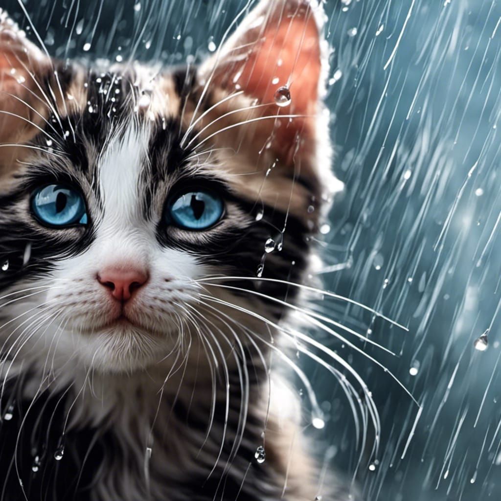 Cute sad kitten in the rain, 