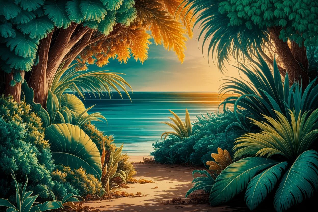 Surreal Caribbean Landscape in Vibrant Sponge Technique