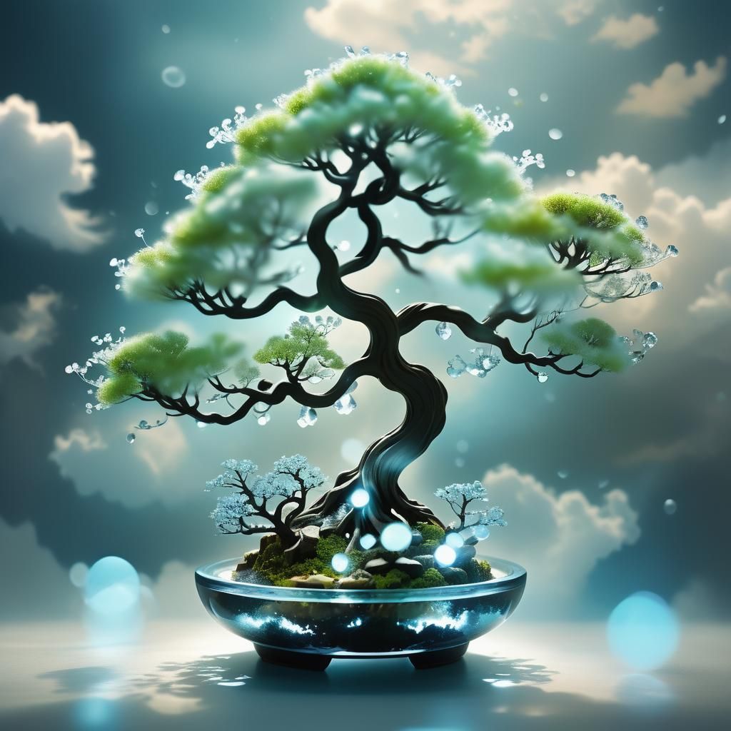 Glowing Glass Bonsai in a Dreamlike Cloudscape