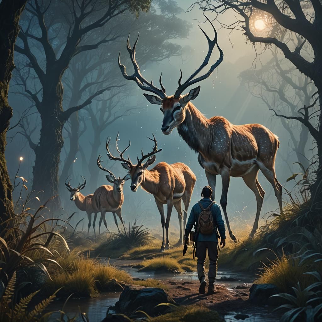 Man Hunts Gazelle in Fantasy Landscape