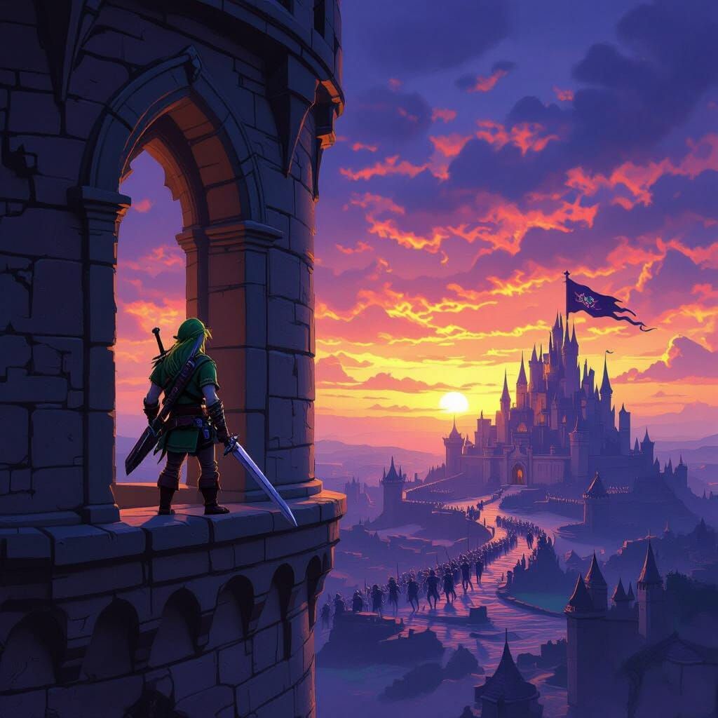 Link is looking out from a castle tower at Ganondorf's invading army of skeletons approaching in the distance.  