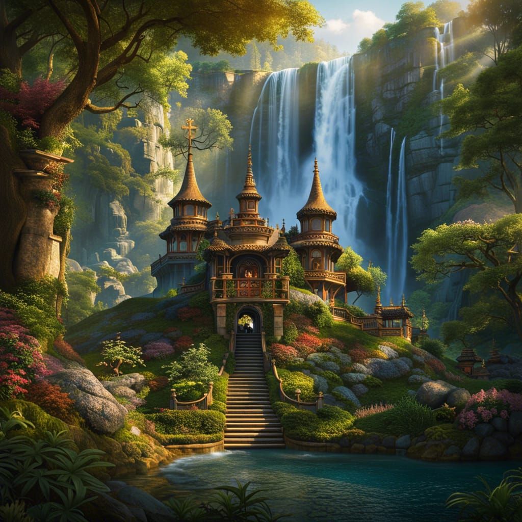 a small castle at the foot of a giant waterfall, fantasy cas...