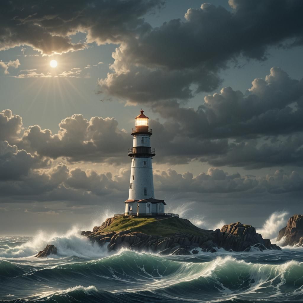 A light house in the ocean with the lights shining on the oc...