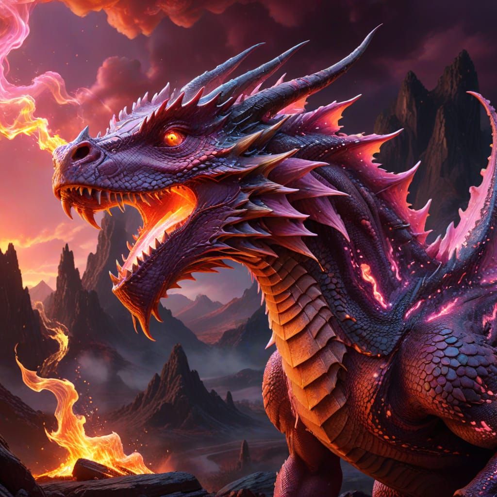 Pink Dragon Breathes Fire in Hellish Sci-Fi Landscape