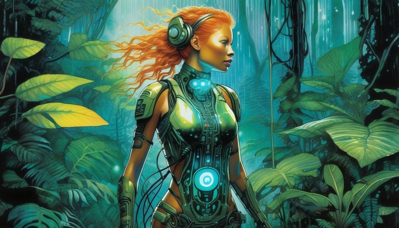 beautiful ginger biopunk female bio-cyborg runner in the rain forest ...