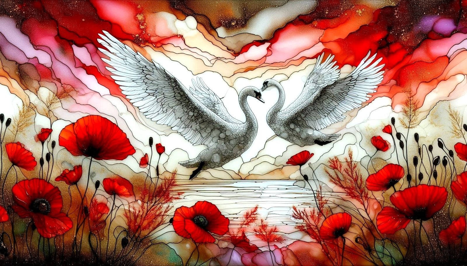 Swans Over Poppy Fields