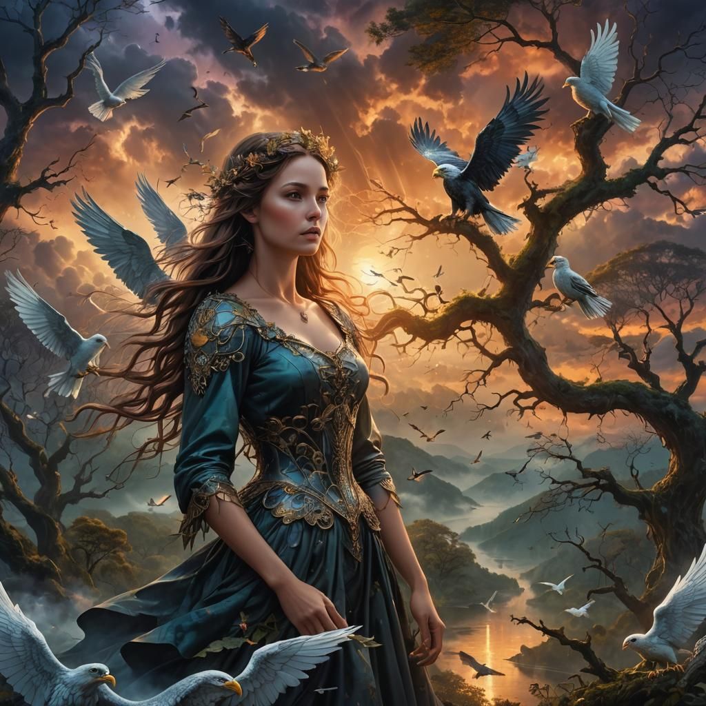 A stunning and surreal artwork featuring a beautiful woman in a fairy wood at sunset, amidst a stormy night. The scene includes birds, angel...