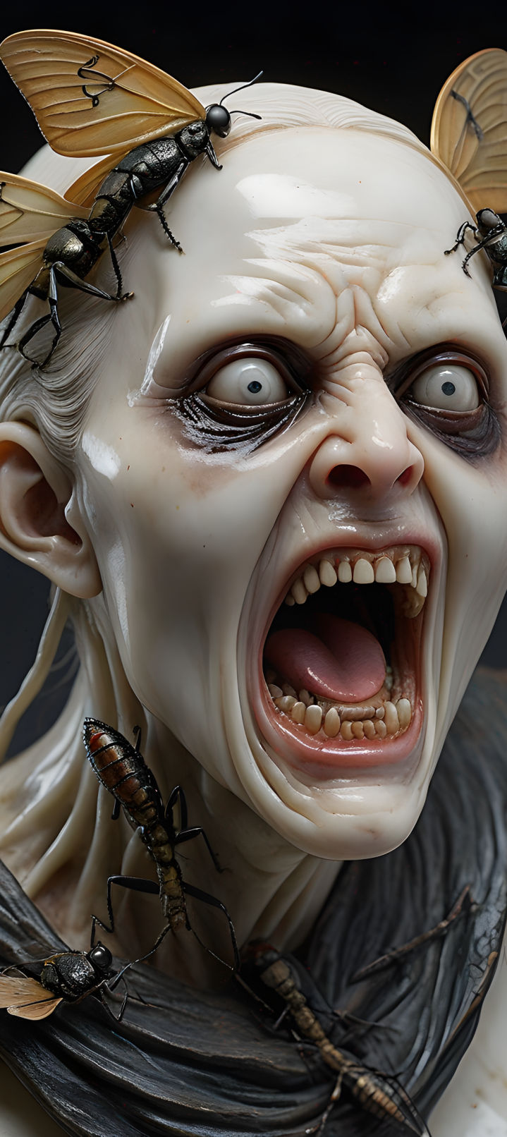 Alabaster porcelain woman, screaming with insects in her mouth, left side with pure black eye, right side a horrific cre...