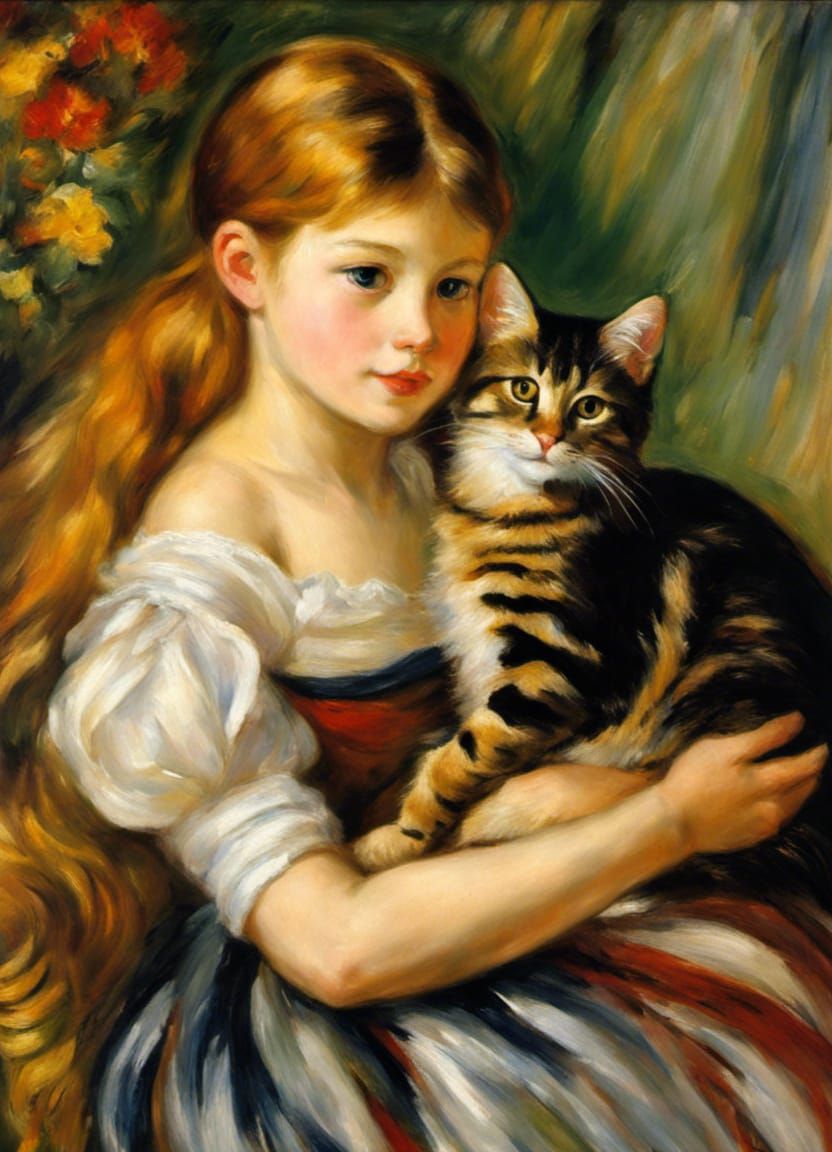 A Girl and Her Cat, by Pierre-Auguste Renoir - AI Generated Artwork ...