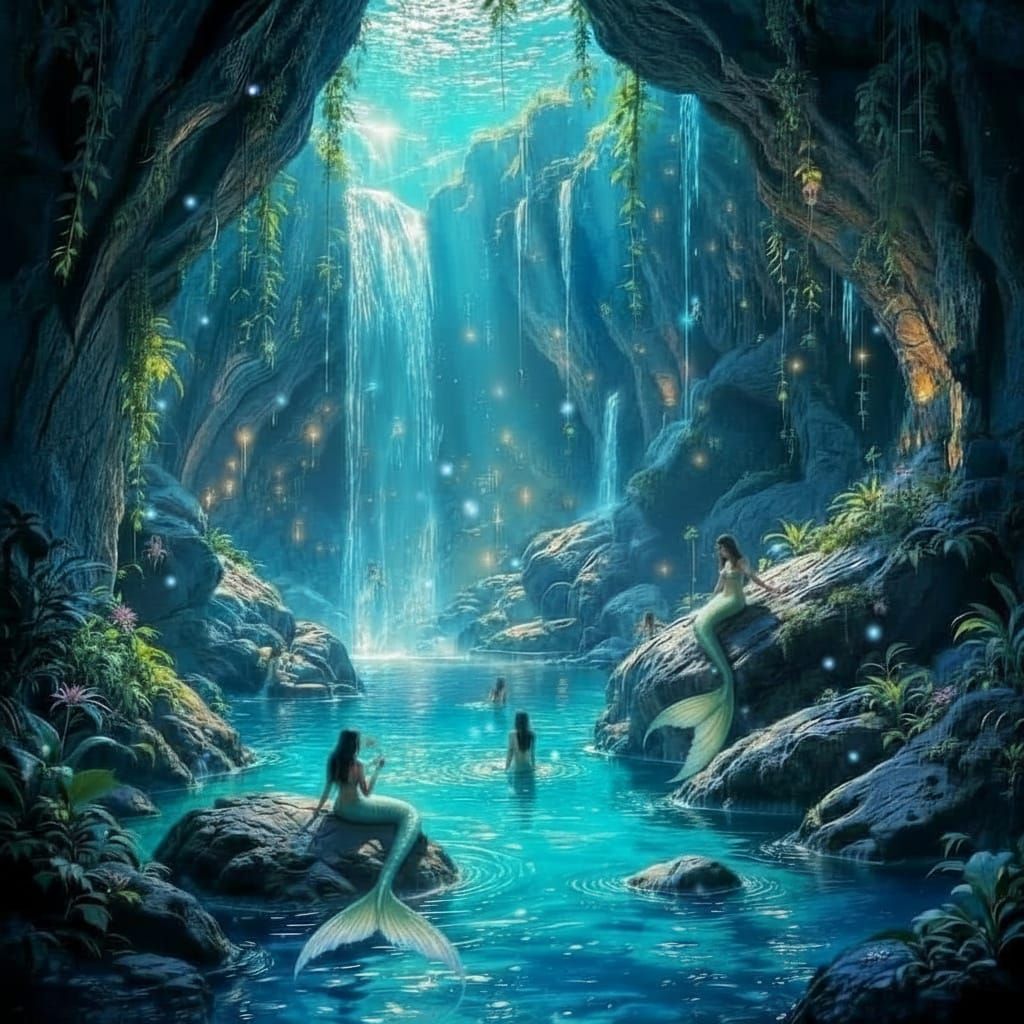 Giant grotto bay. There are rocks and large boulders in the water. On the boulders are beautiful mermaids. Some mermaids are combing their h...