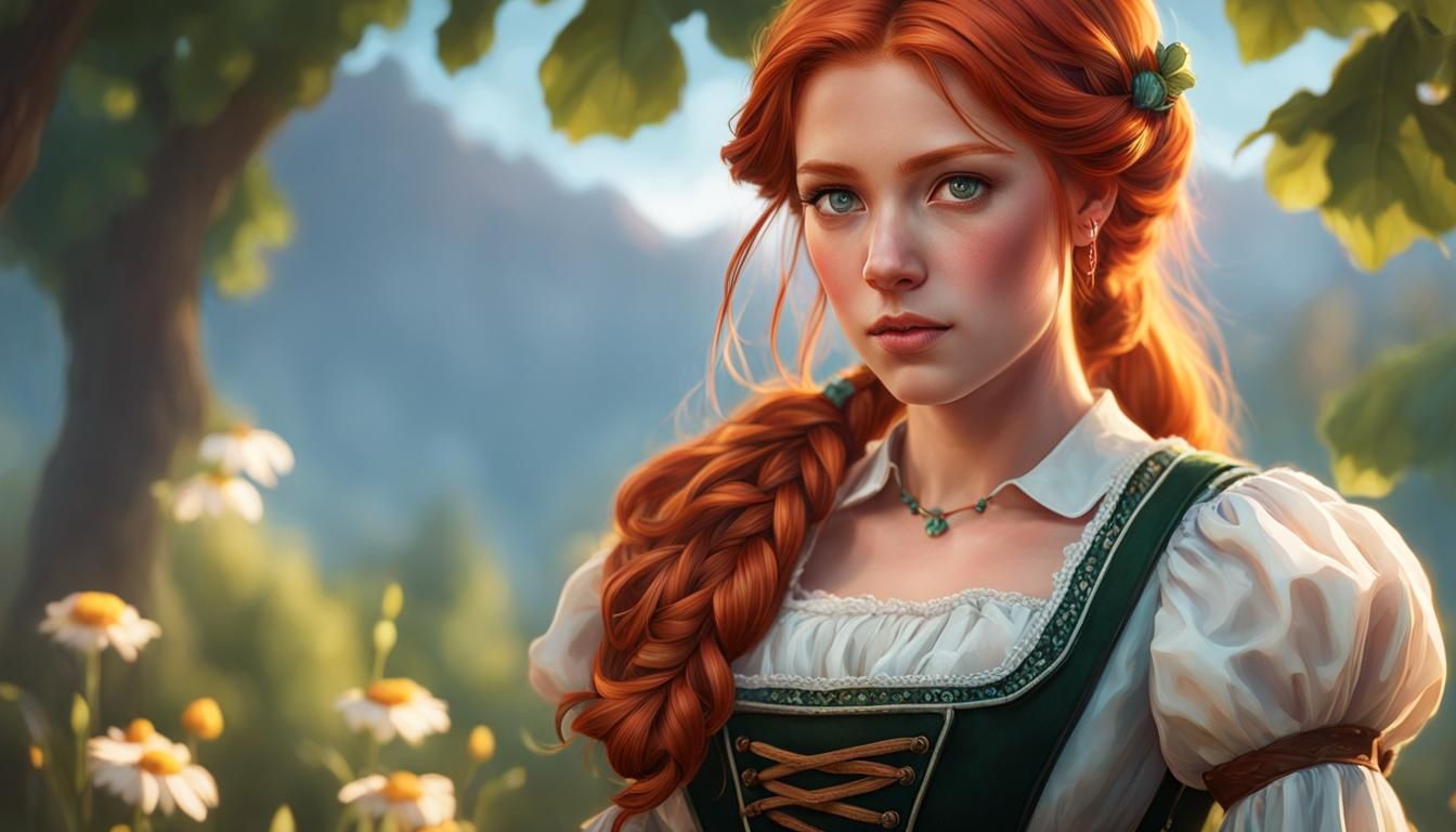 Ginger haired girl wearing a dirndl