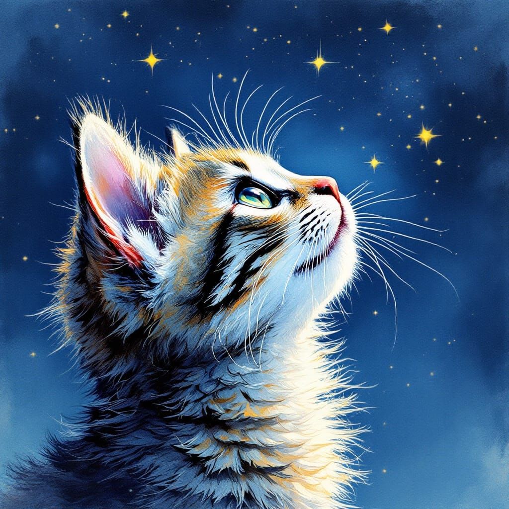 Whimsical Kitten Gazing at Starry Night Sky in Intricate Ink