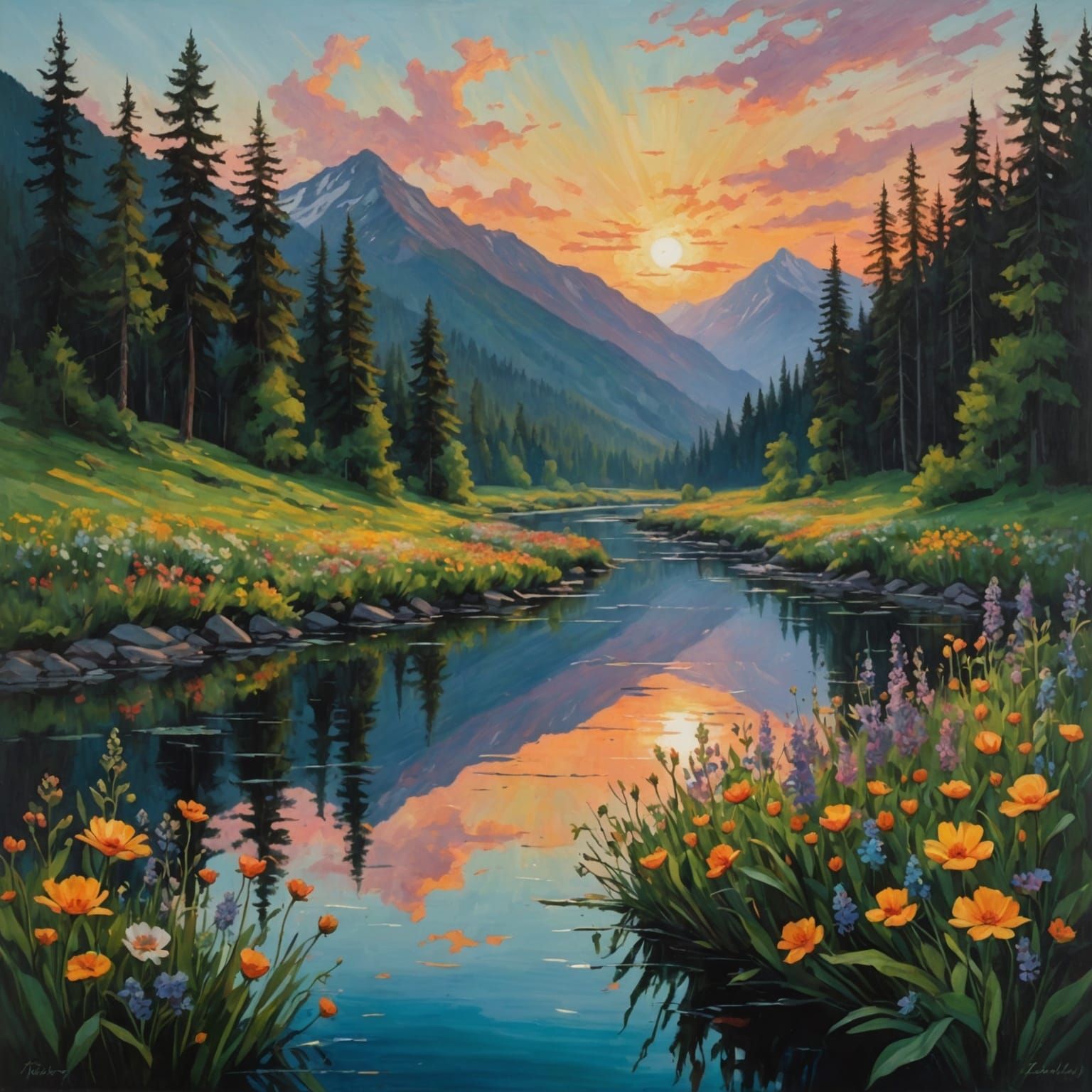 river, sunset, forest, flowers, mountains, Impressionism, ethereal ...