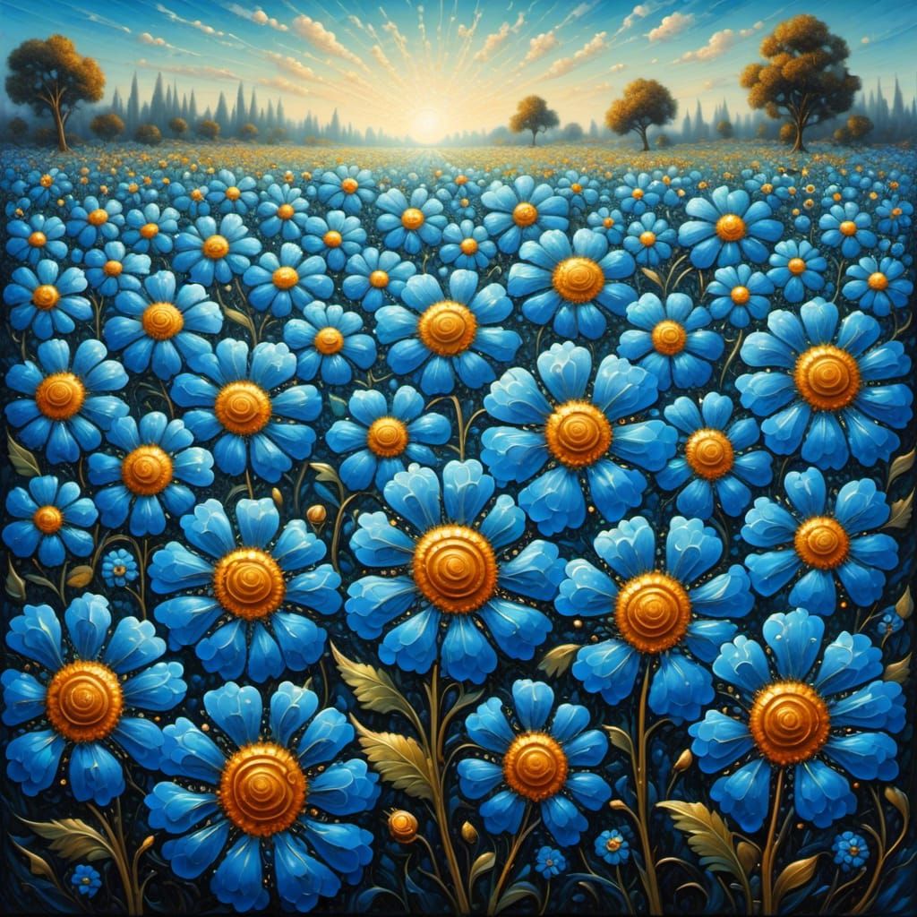 huge field of blue flowers, neo-impressionism expressionist style oil painting, smooth post-impressionist impasto acrylic painting, thick la...